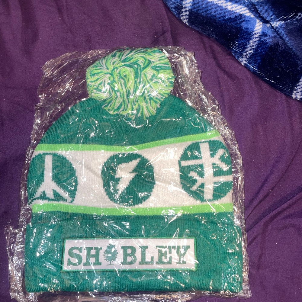 Green and White Pom-Pom Beanie